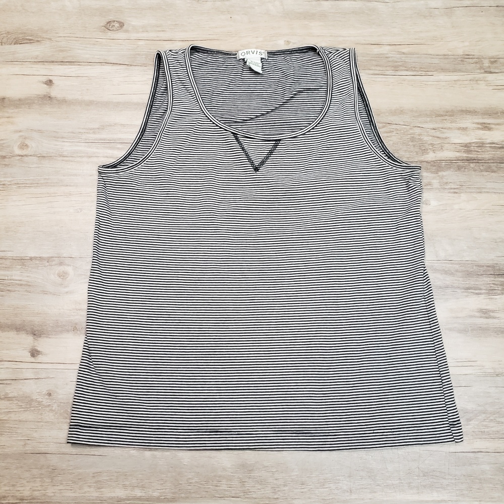 Orvis Tank Top Womens Medium Black White Striped 100% Cotton Sleeveless Shirt
